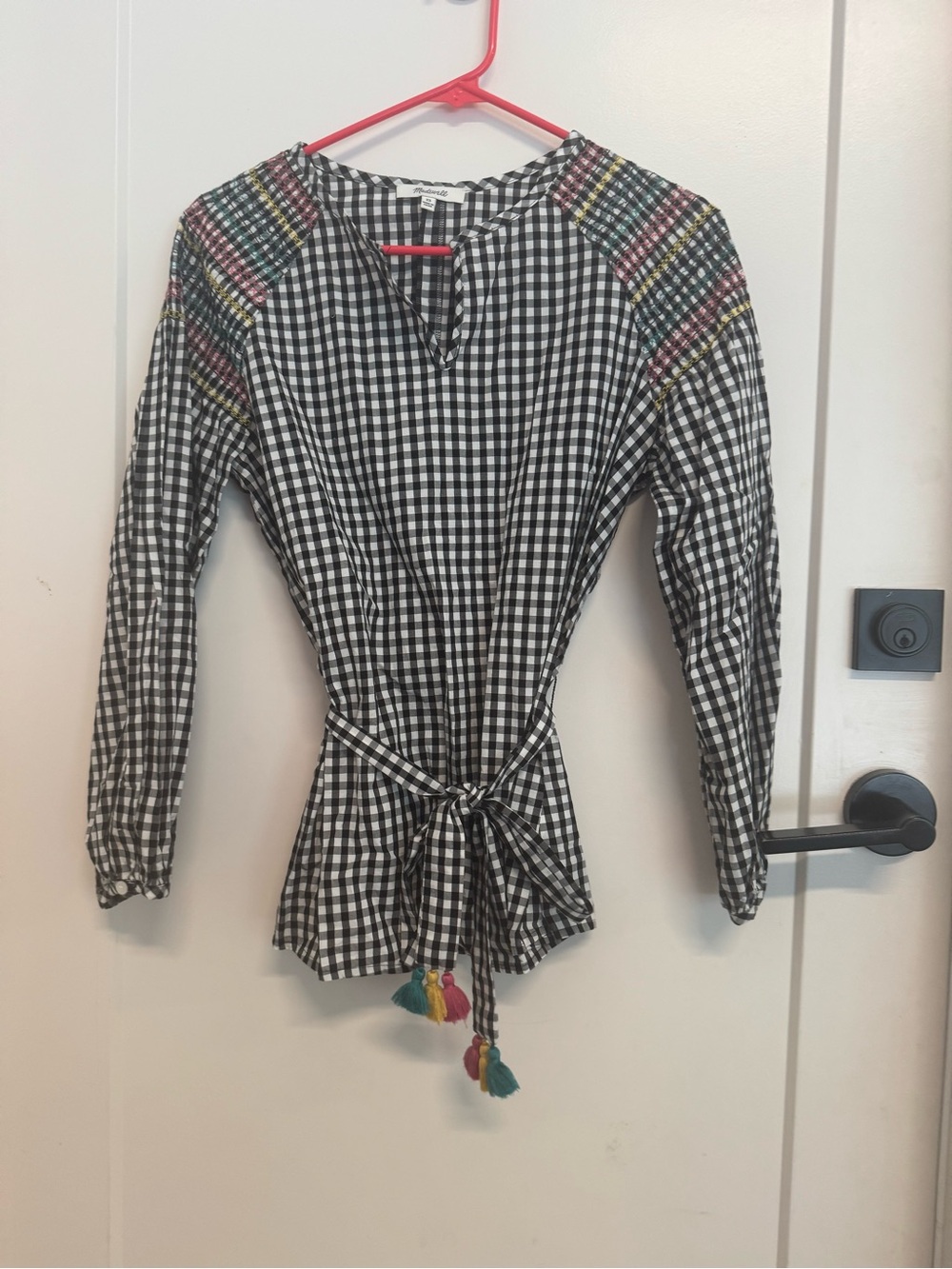 Madewell Gingham Tie-Waist Blouse with Colorful Smocking, XS